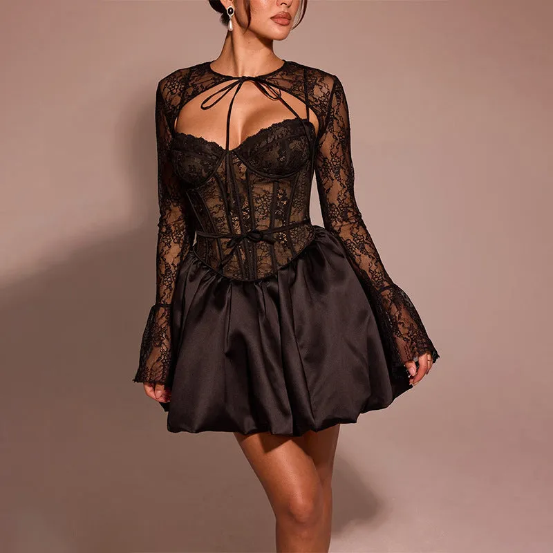 Alluring Lace Corset-Inspired Puff Skirt Dress