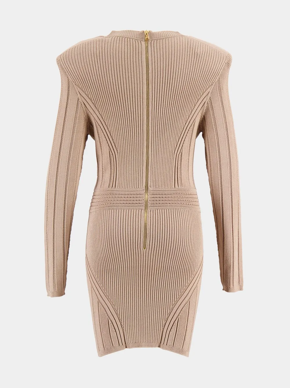 Beige Ribbed-Knit Mini Dress