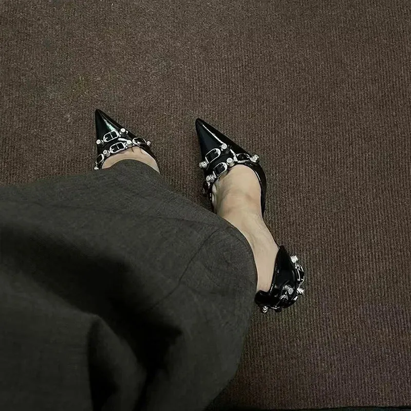 Black Punk Gothic High Heels Pumps for Women Metal Decor