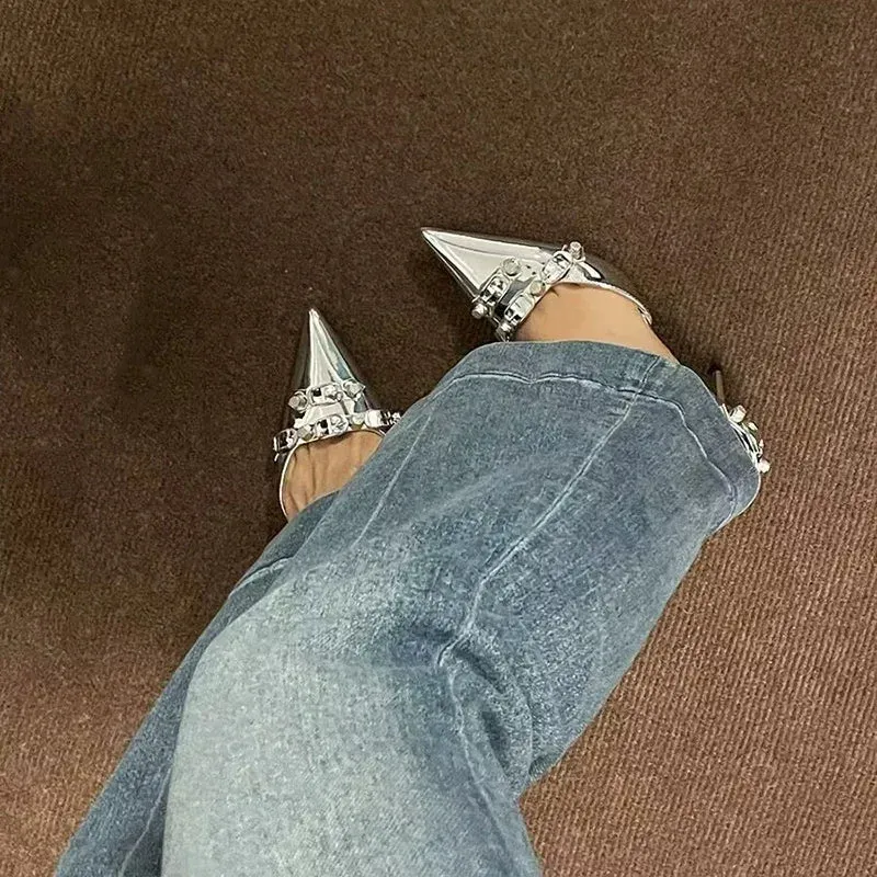 Black Punk Gothic High Heels Pumps for Women Metal Decor