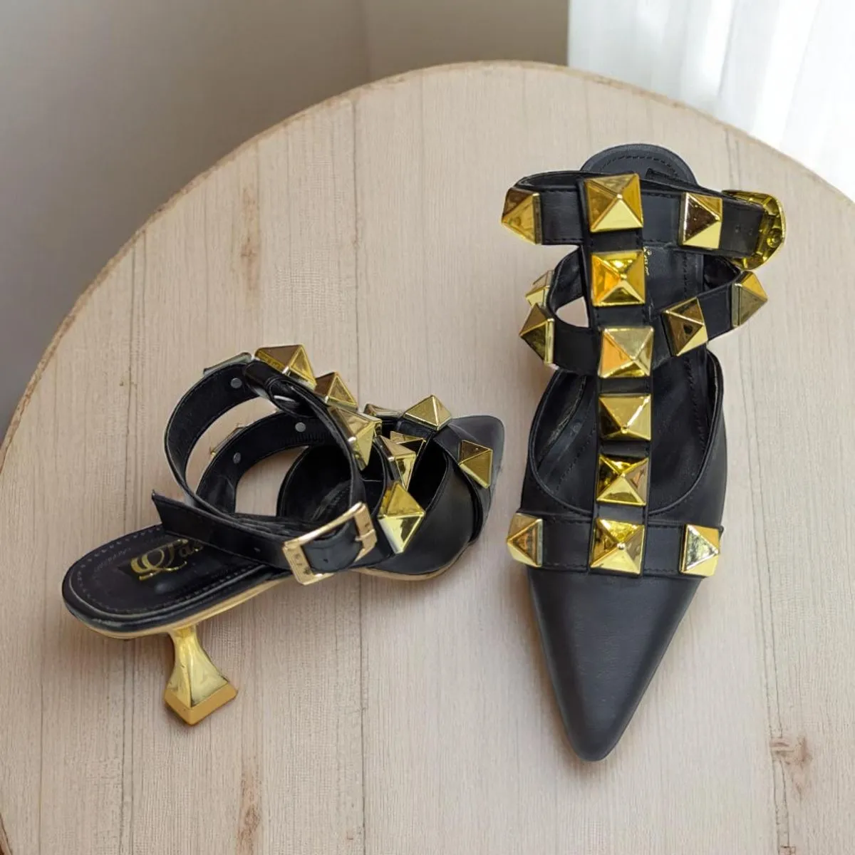 Black Valentino Garavani Roman Stud Ballet in Calfskin Heels Sandal