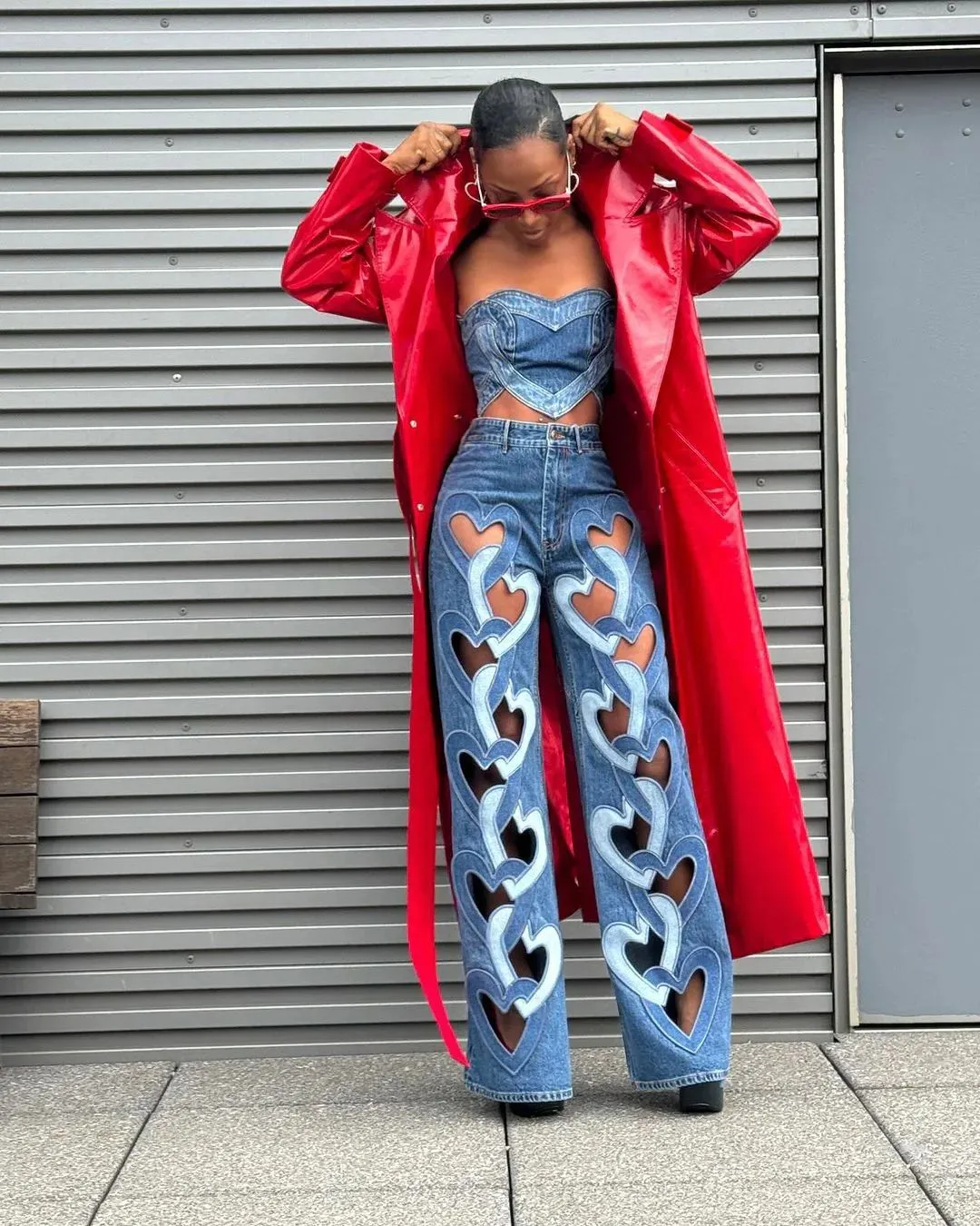 Bold Heart-Cutout Statement Wide-Leg Denim Jeans with Embroidery
