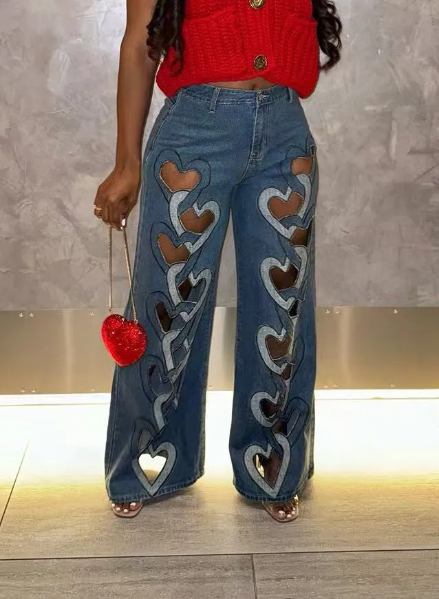 Bold Heart-Cutout Statement Wide-Leg Denim Jeans with Embroidery