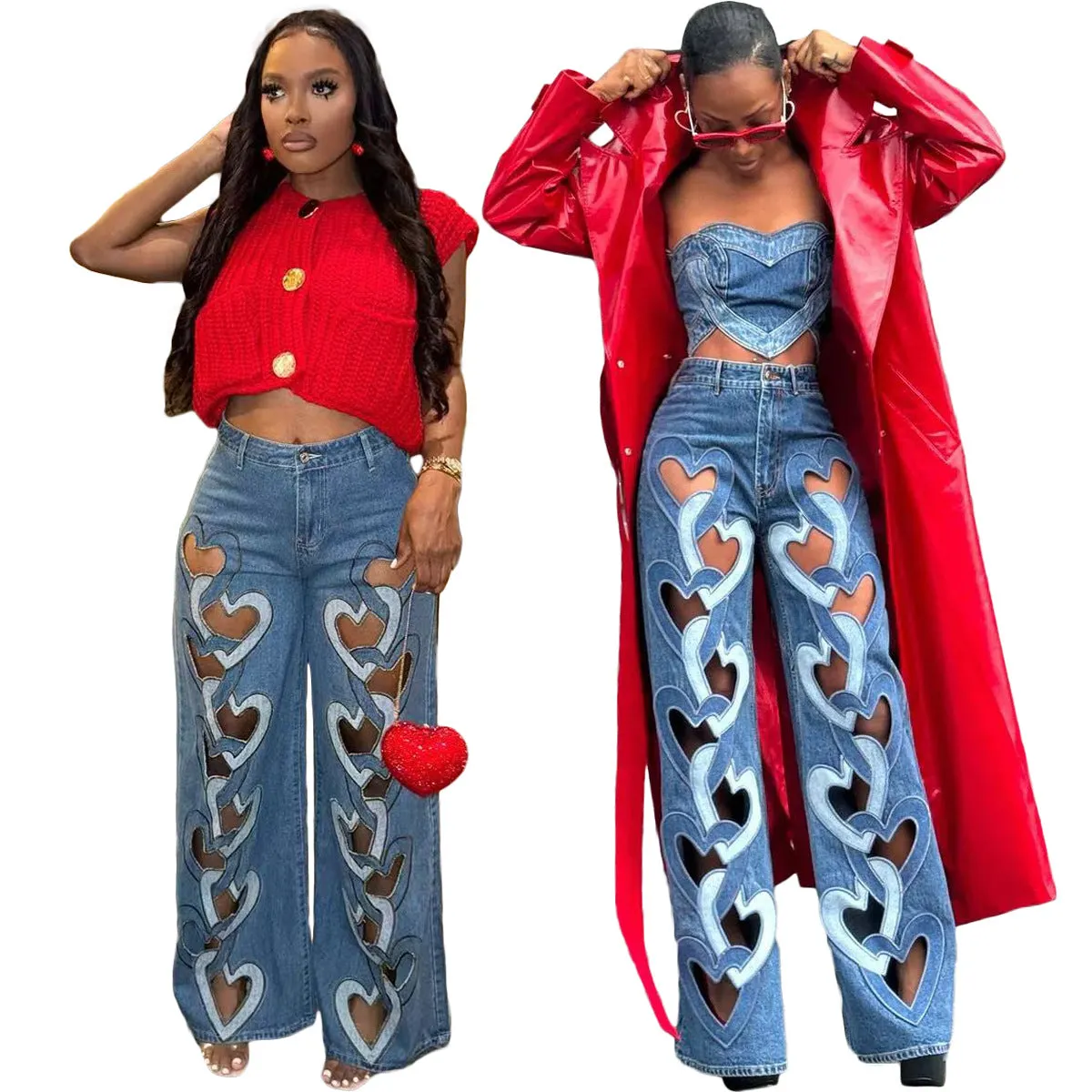 Bold Heart-Cutout Statement Wide-Leg Denim Jeans with Embroidery