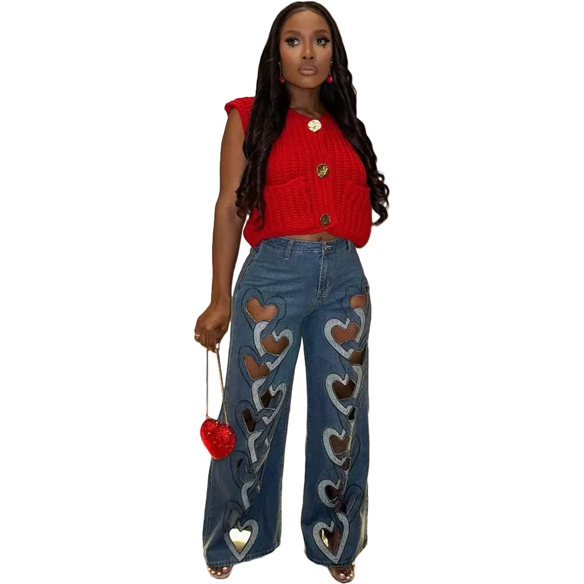 Bold Heart-Cutout Statement Wide-Leg Denim Jeans with Embroidery