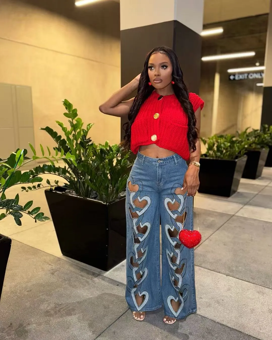 Bold Heart-Cutout Statement Wide-Leg Denim Jeans with Embroidery