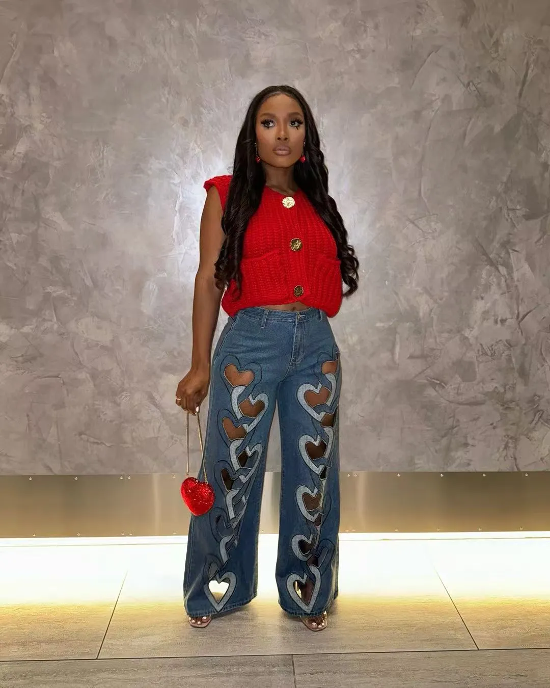 Bold Heart-Cutout Statement Wide-Leg Denim Jeans with Embroidery