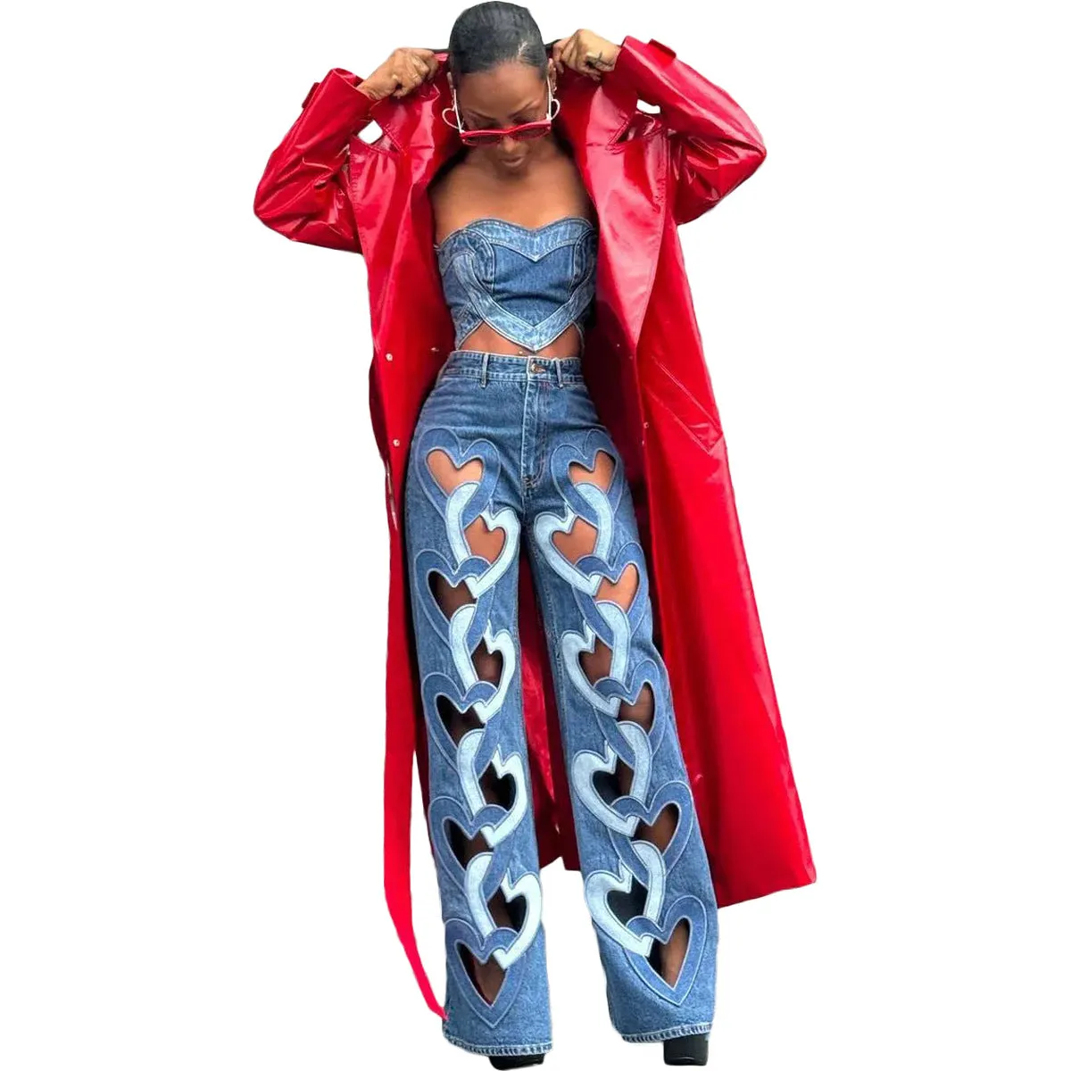 Bold Heart-Cutout Statement Wide-Leg Denim Jeans with Embroidery