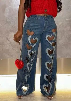 Bold Heart-Cutout Statement Wide-Leg Denim Jeans with Embroidery