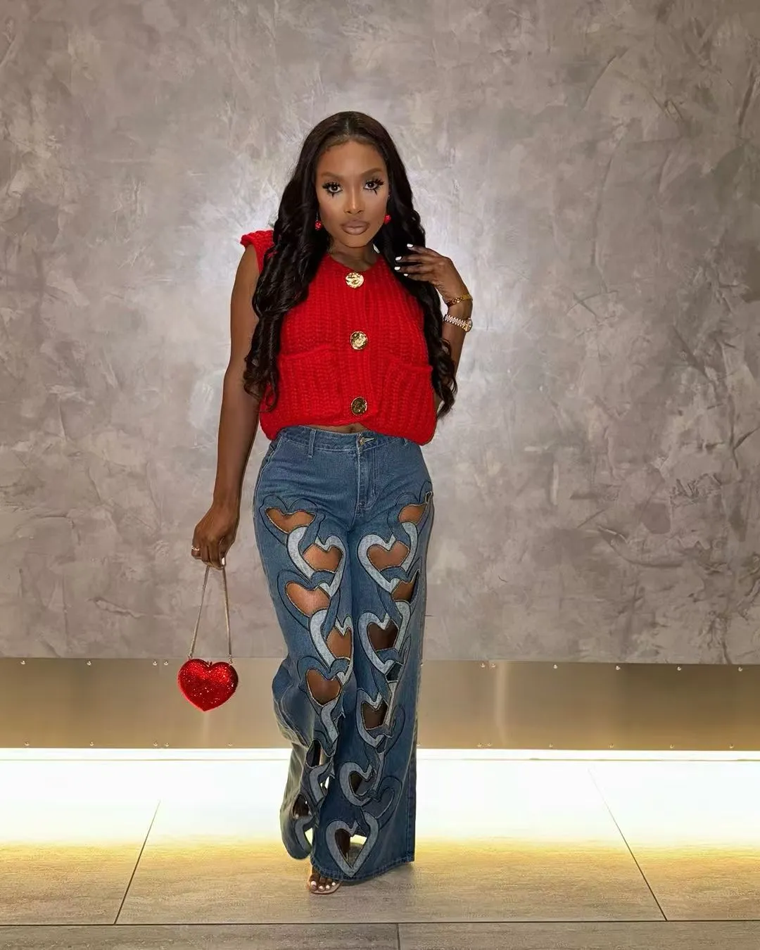 Bold Heart-Cutout Statement Wide-Leg Denim Jeans with Embroidery