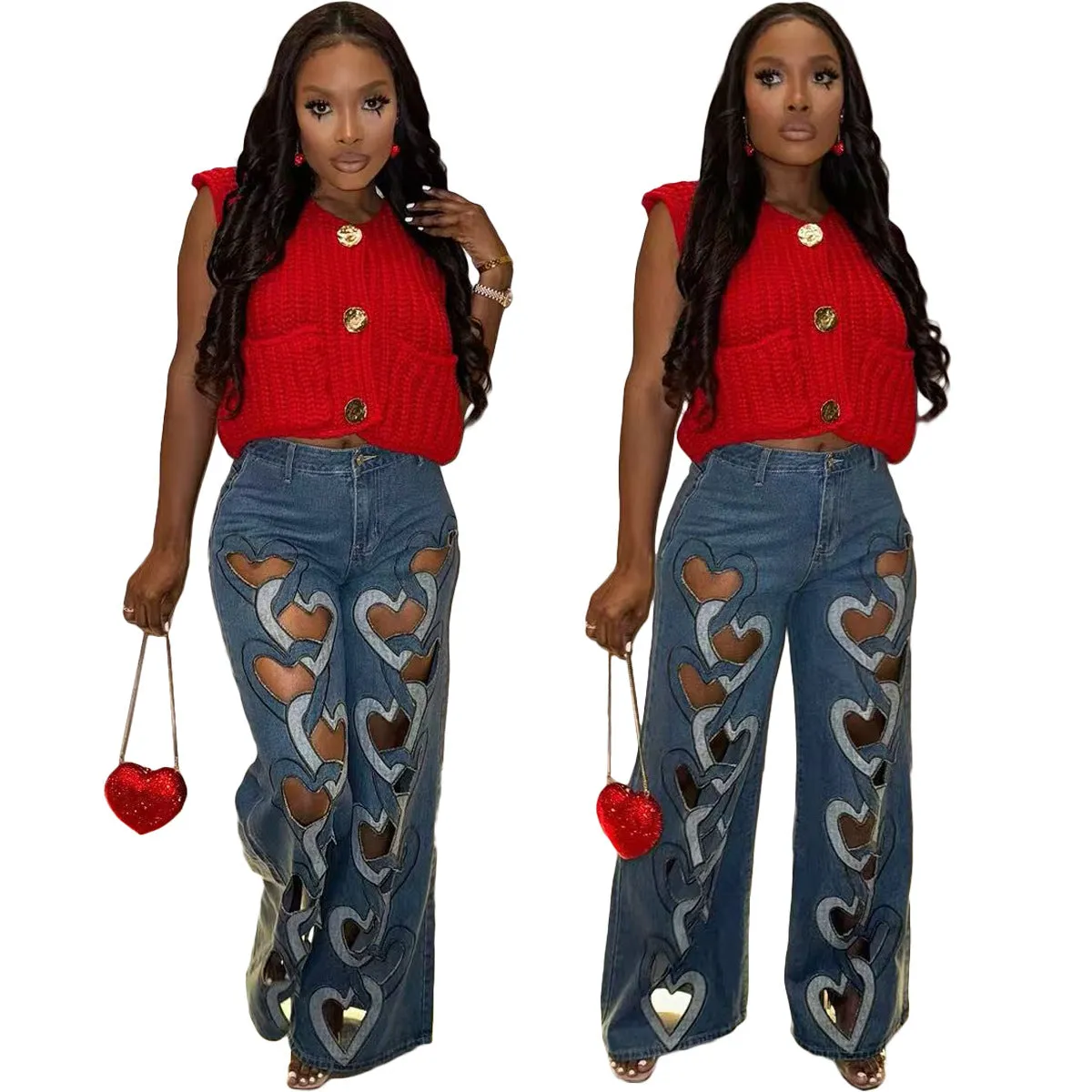 Bold Heart-Cutout Statement Wide-Leg Denim Jeans with Embroidery