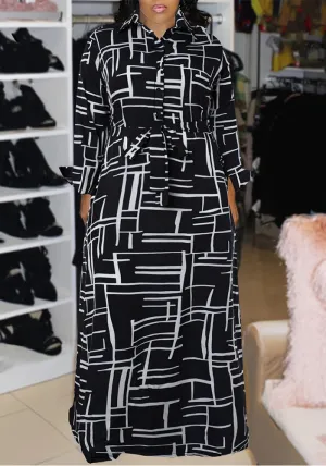 Chic Geometric Print Plus Size Maxi Shirt Dress with Belt