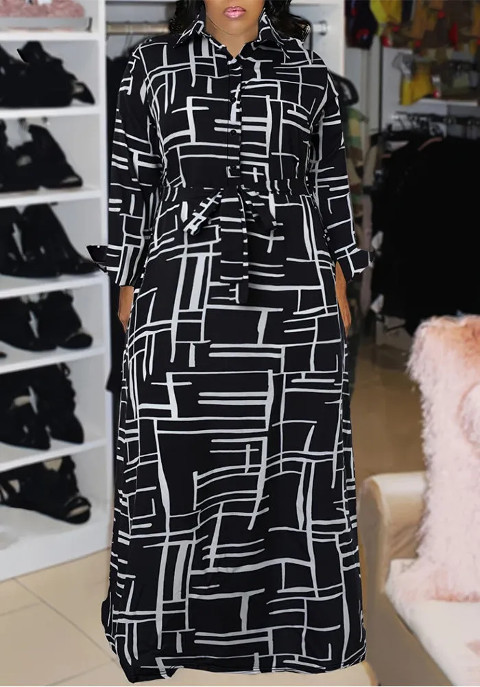 Chic Geometric Print Plus Size Maxi Shirt Dress with Belt