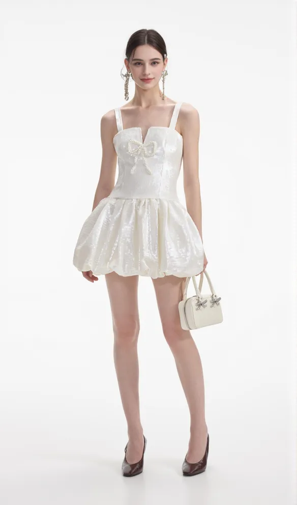 CREAM SEQUIN BOW MINI DRESS