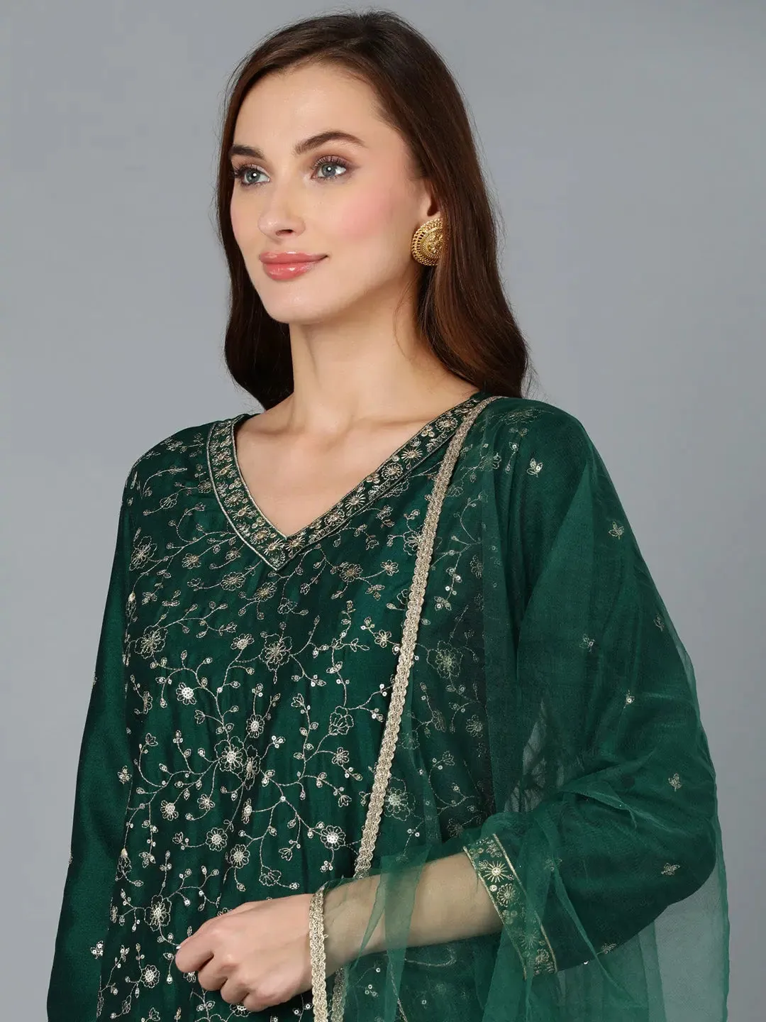 Dark Green Silk Blend Embroidered Party wear-VKSKD1754