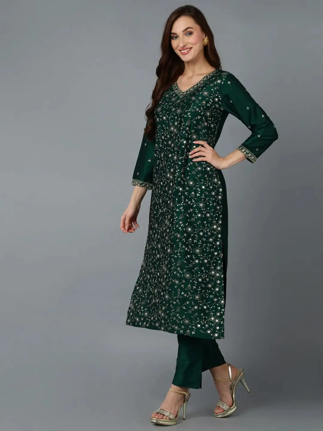 Dark Green Silk Blend Embroidered Party wear-VKSKD1754