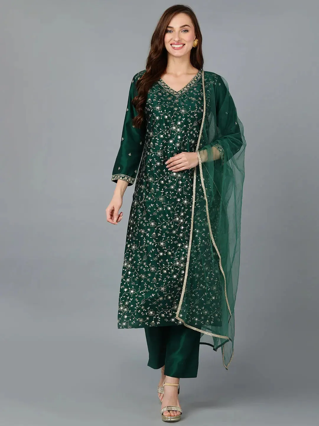 Dark Green Silk Blend Embroidered Party wear-VKSKD1754