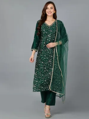 Dark Green Silk Blend Embroidered Party wear-VKSKD1754