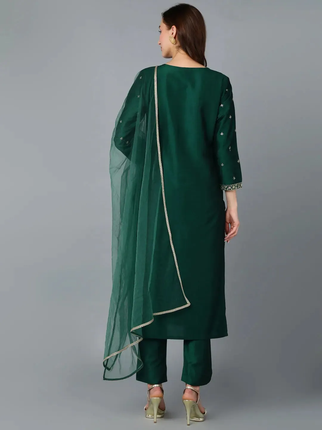 Dark Green Silk Blend Embroidered Party wear-VKSKD1754