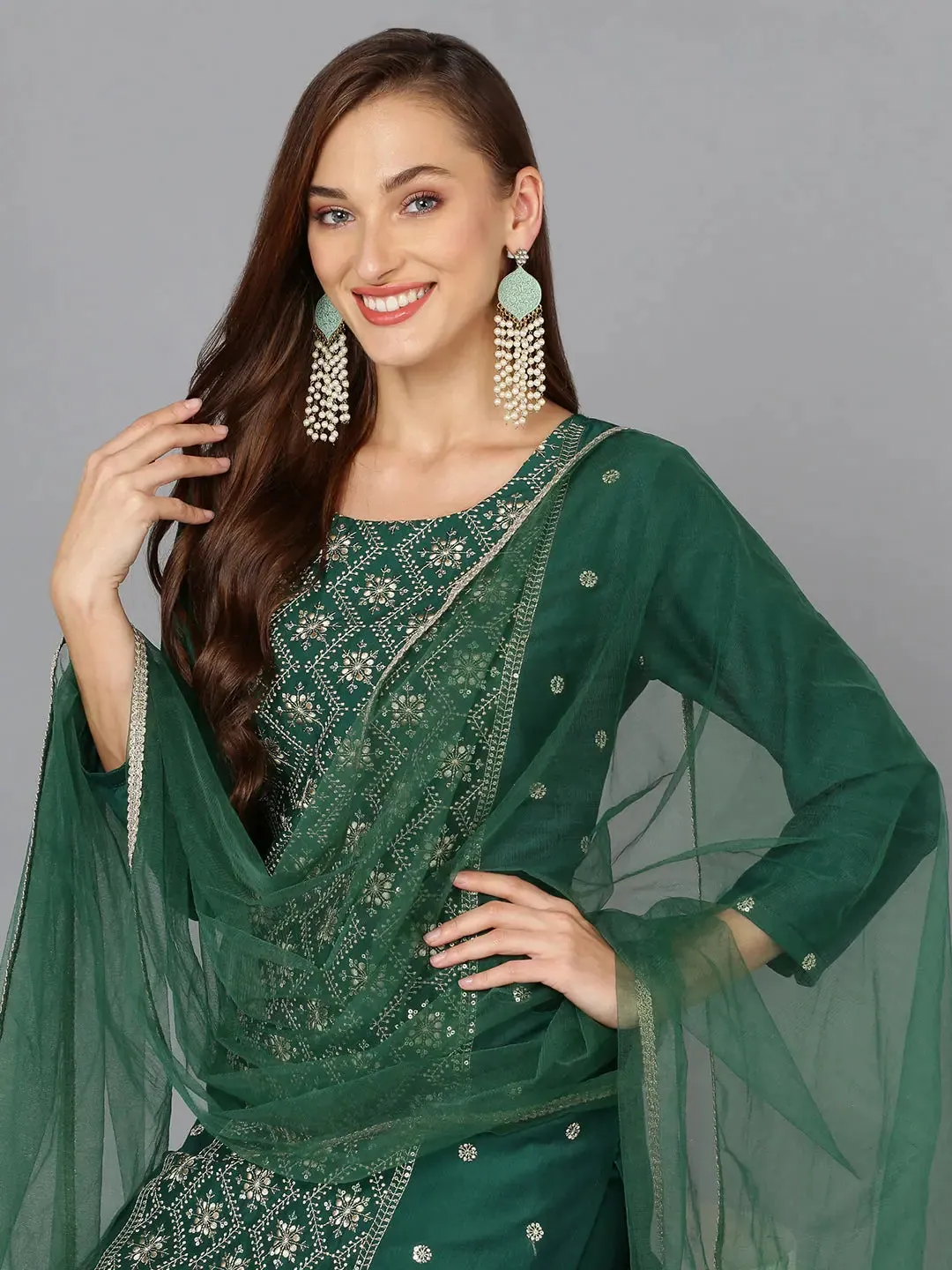 Dark Green Silk Blend Embroidered Party wear-VKSKD1783