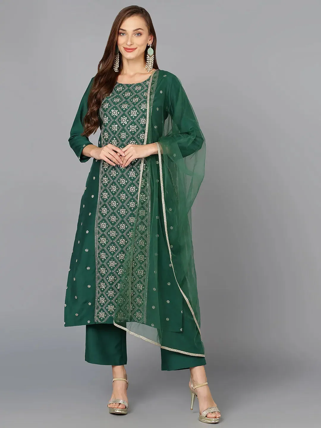 Dark Green Silk Blend Embroidered Party wear-VKSKD1783