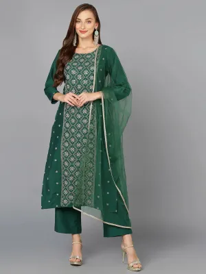 Dark Green Silk Blend Embroidered Party wear-VKSKD1783