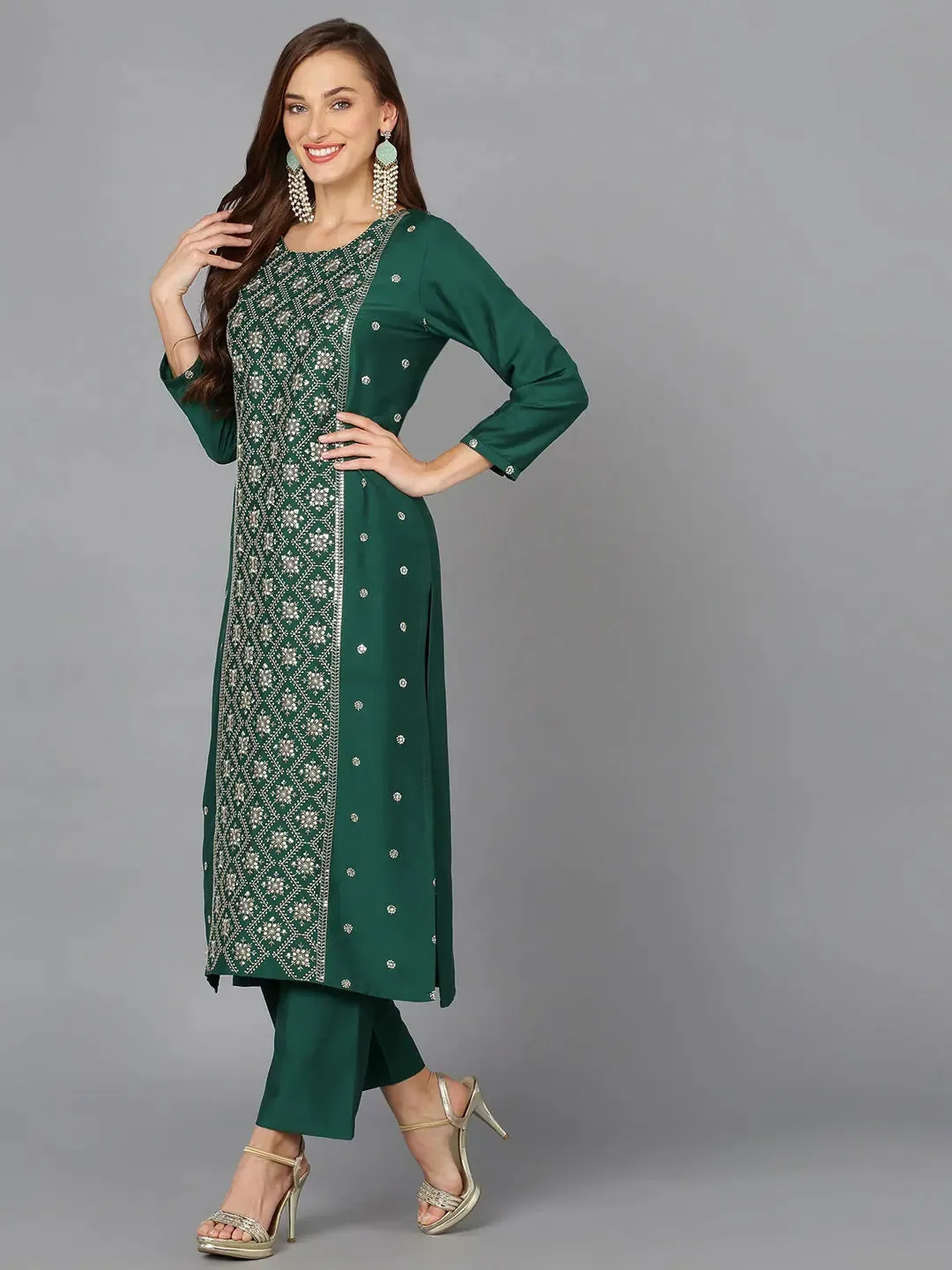 Dark Green Silk Blend Embroidered Party wear-VKSKD1783