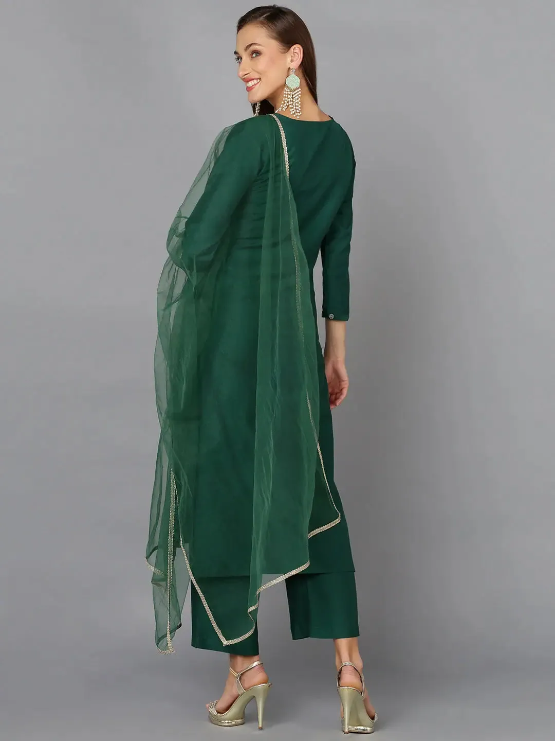 Dark Green Silk Blend Embroidered Party wear-VKSKD1783