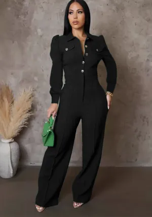 Elegant Buttoned Turndown Collar Long Sleeve Casual Jumpsuit