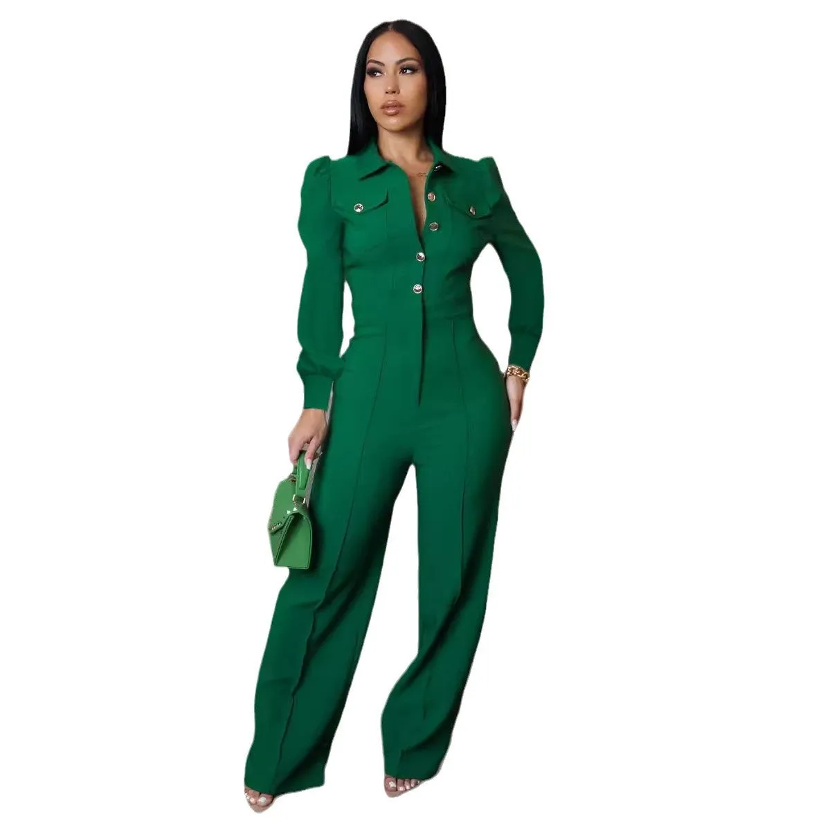 Elegant Buttoned Turndown Collar Long Sleeve Casual Jumpsuit