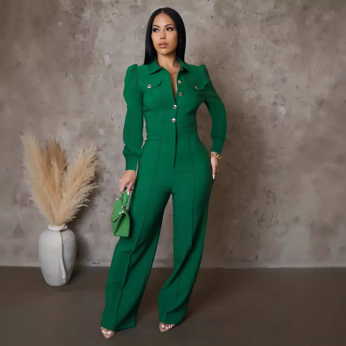 Elegant Buttoned Turndown Collar Long Sleeve Casual Jumpsuit