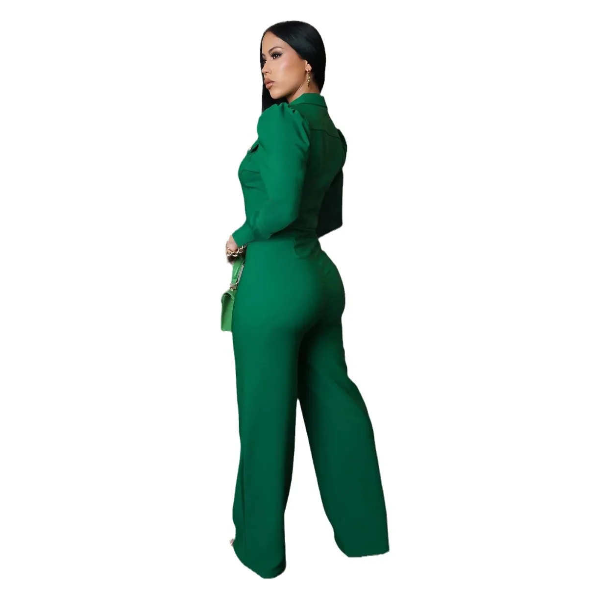 Elegant Buttoned Turndown Collar Long Sleeve Casual Jumpsuit