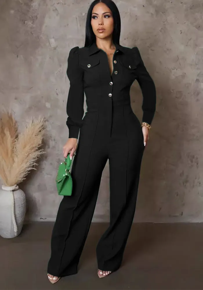 Elegant Buttoned Turndown Collar Long Sleeve Casual Jumpsuit