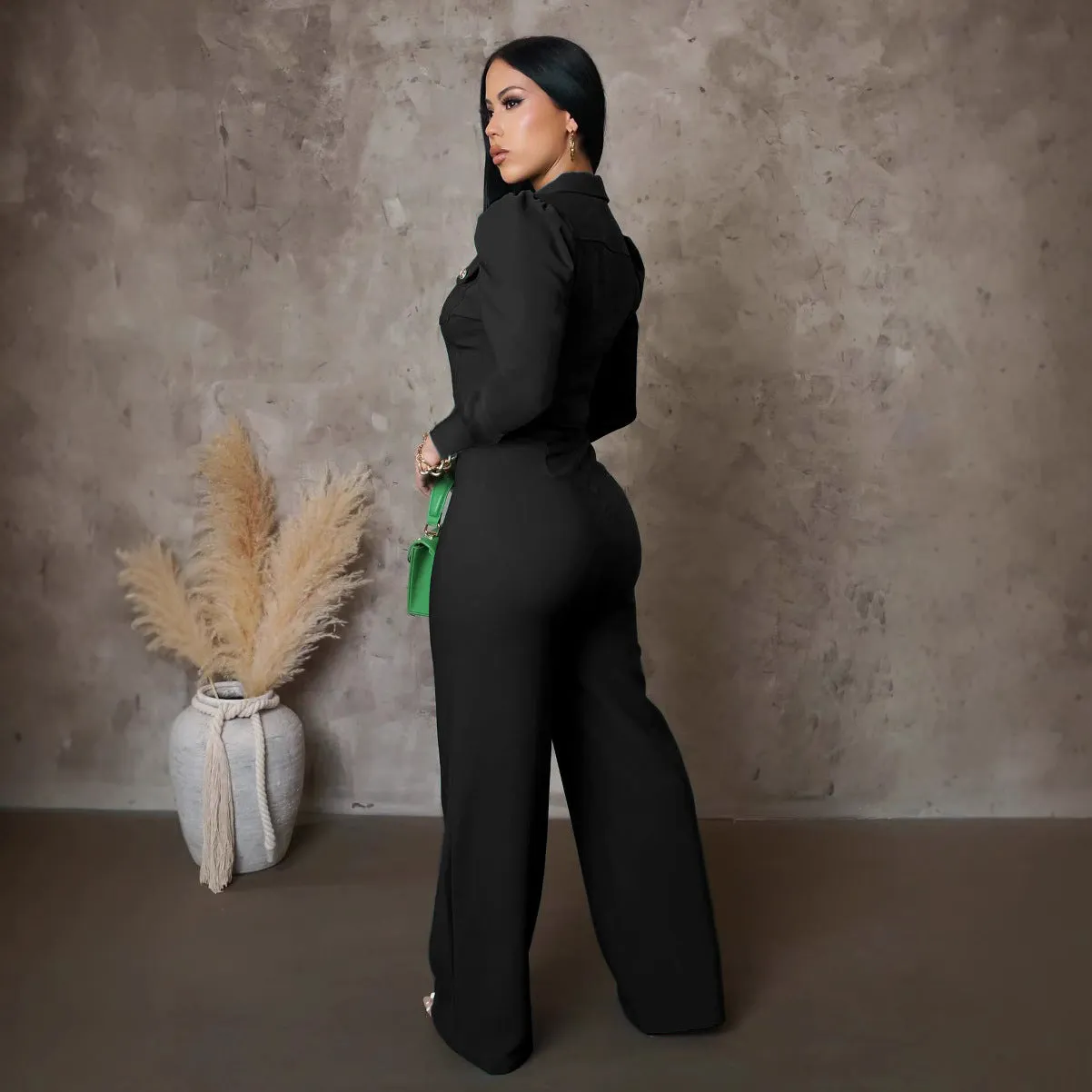 Elegant Buttoned Turndown Collar Long Sleeve Casual Jumpsuit