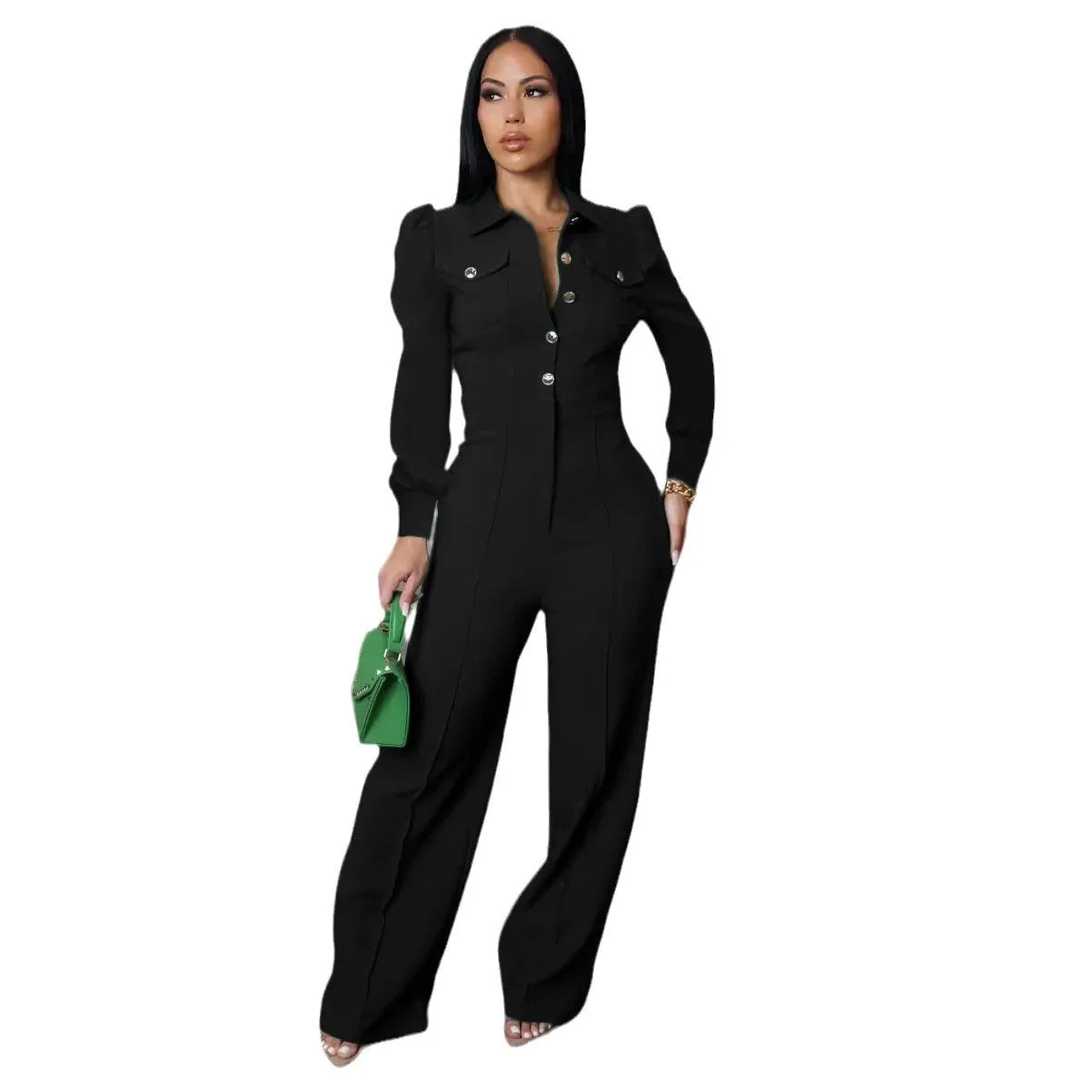 Elegant Buttoned Turndown Collar Long Sleeve Casual Jumpsuit