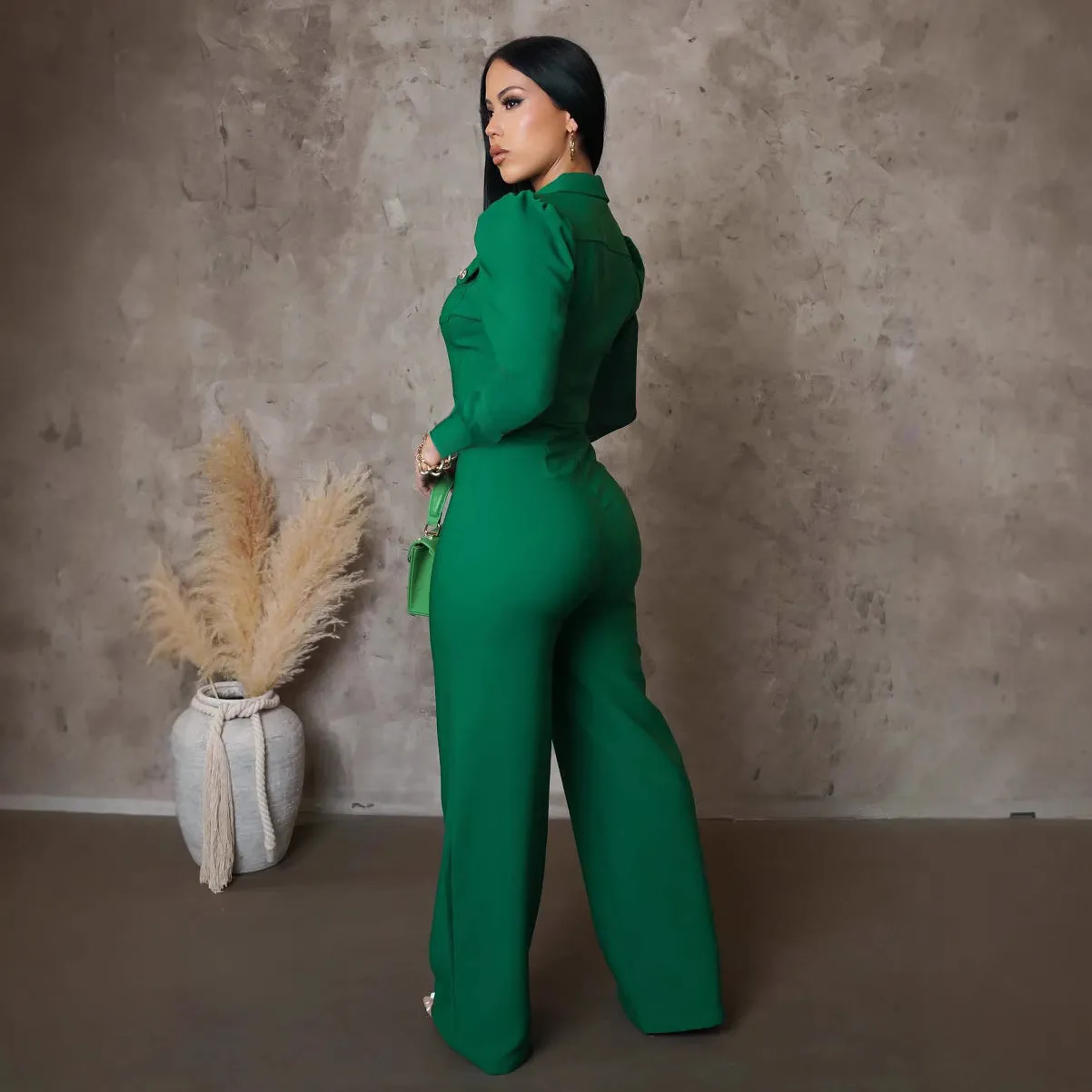 Elegant Buttoned Turndown Collar Long Sleeve Casual Jumpsuit