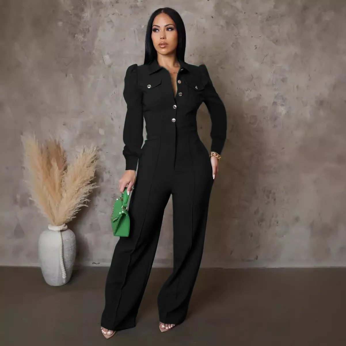 Elegant Buttoned Turndown Collar Long Sleeve Casual Jumpsuit