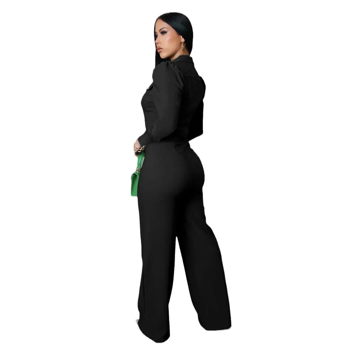 Elegant Buttoned Turndown Collar Long Sleeve Casual Jumpsuit