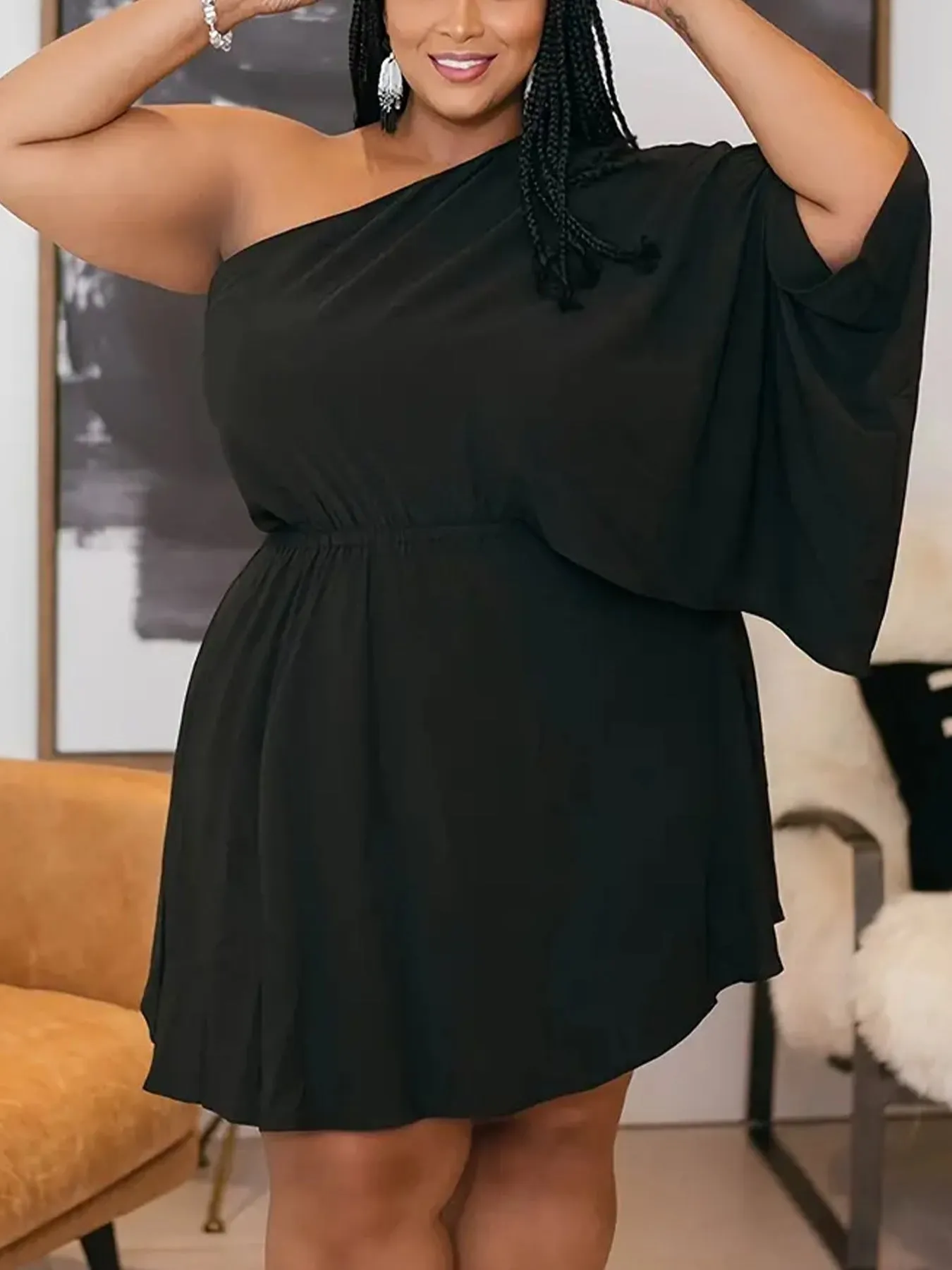 Elegant One-Shoulder Asymmetric Sleeve Mini Dress