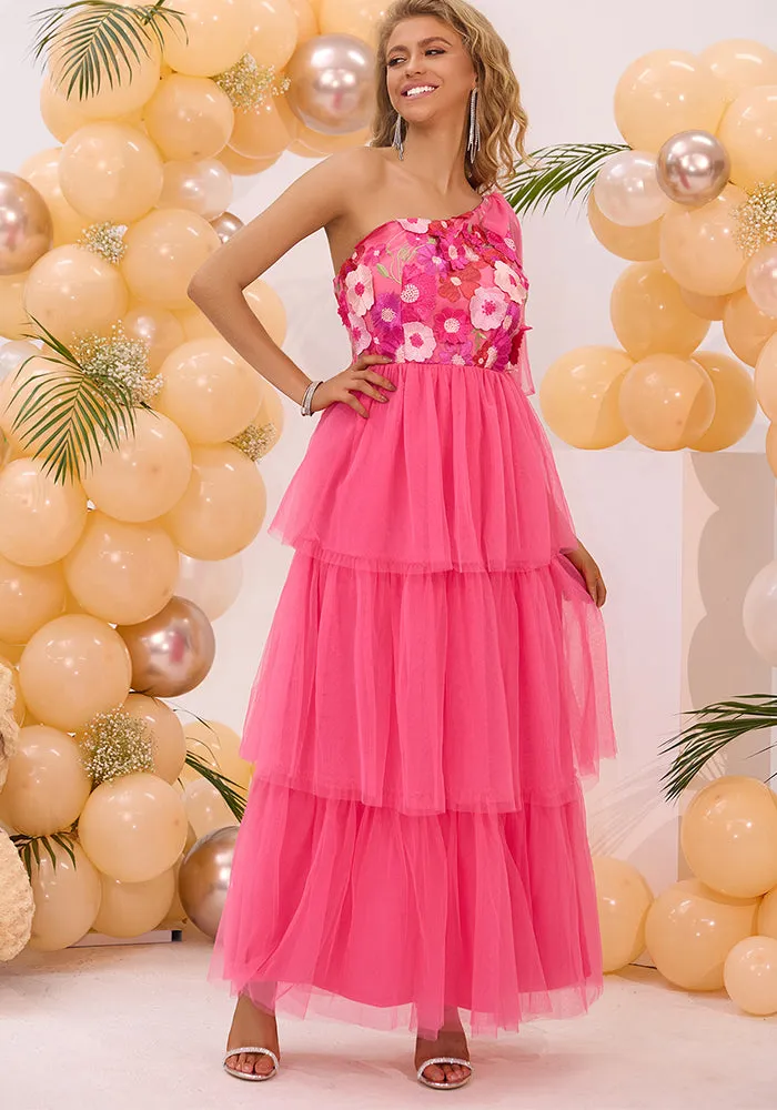 Elegant Rose Red One-Shoulder Embroidered Long Dress for Summer Celebrations