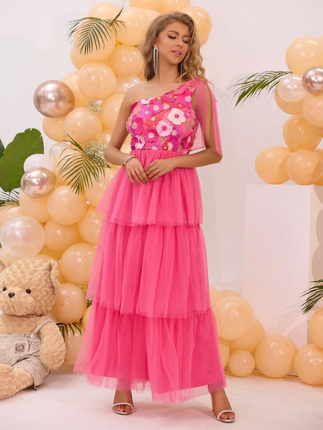 Elegant Rose Red One-Shoulder Embroidered Long Dress for Summer Celebrations