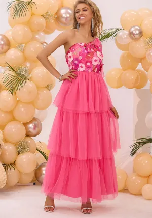 Elegant Rose Red One-Shoulder Embroidered Long Dress for Summer Celebrations