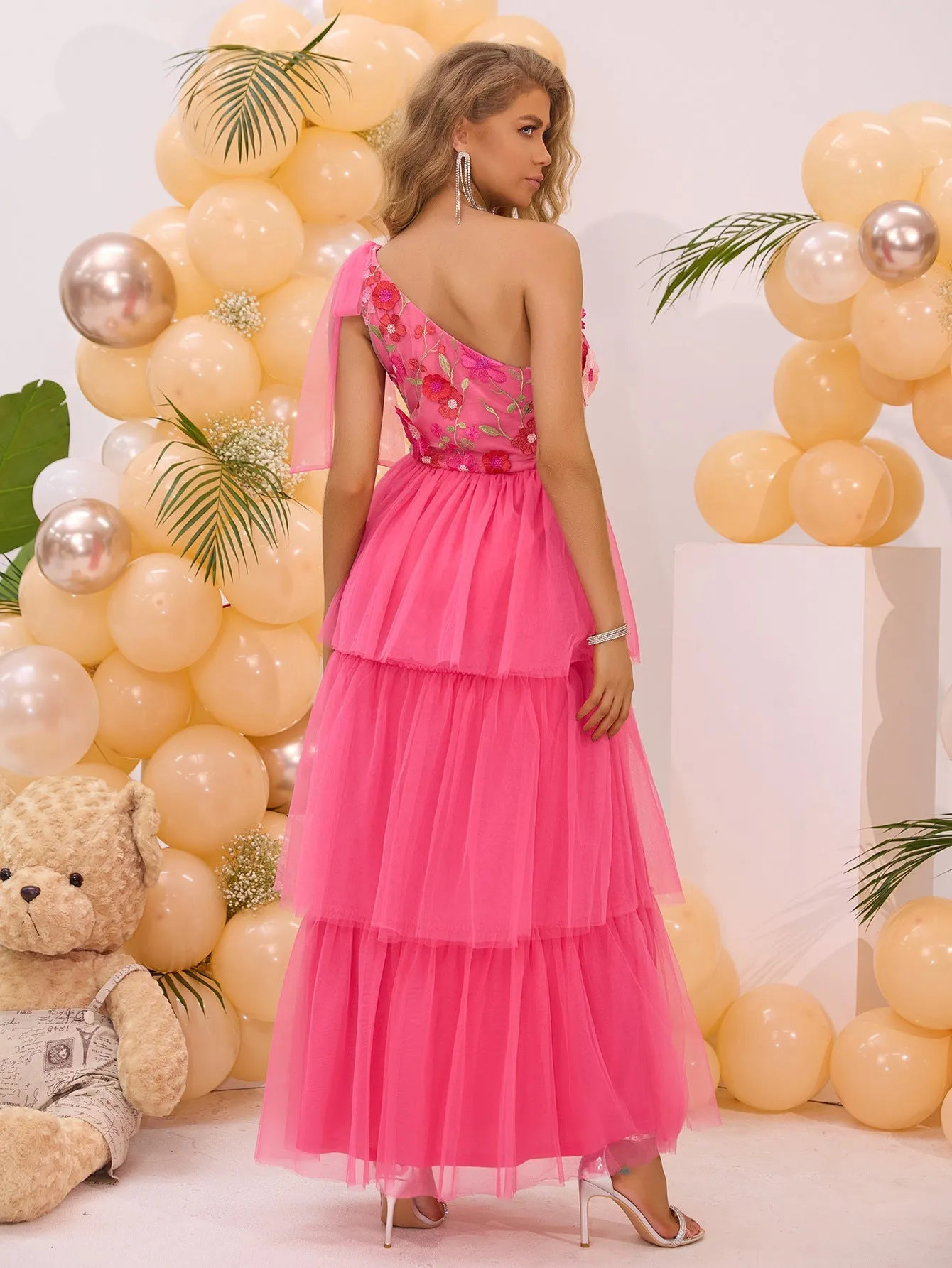 Elegant Rose Red One-Shoulder Embroidered Long Dress for Summer Celebrations