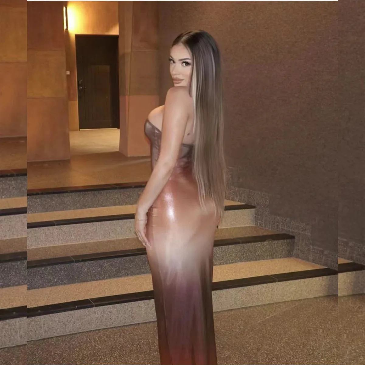 Elegant Strapless Ombre Bodycon Maxi Dress with Glossy Finish