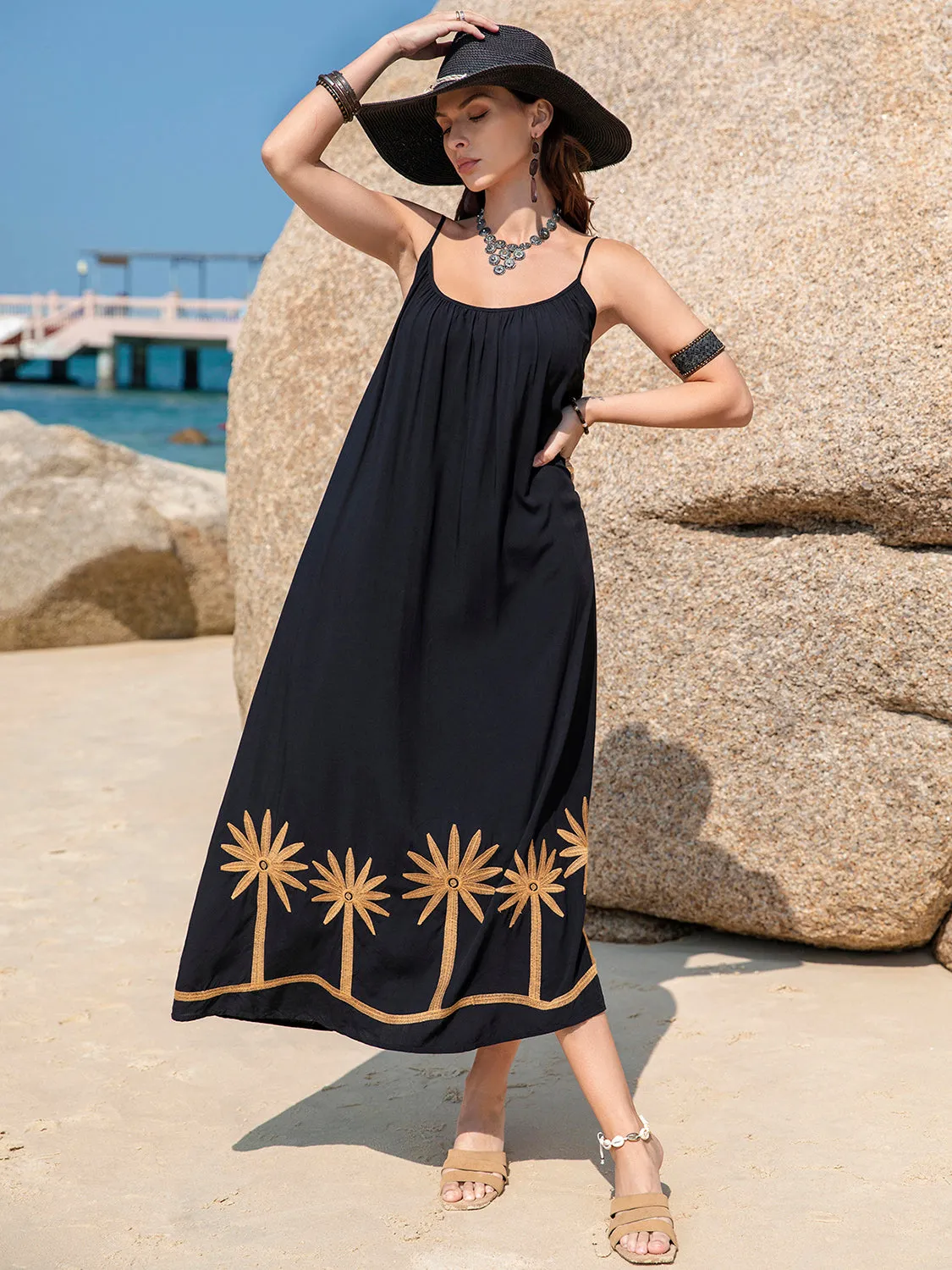 Embroidered Scoop Neck Midi Dress in Black