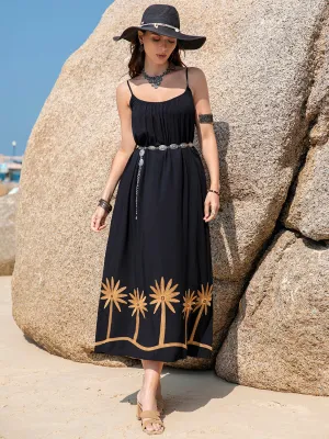 Embroidered Scoop Neck Midi Dress in Black