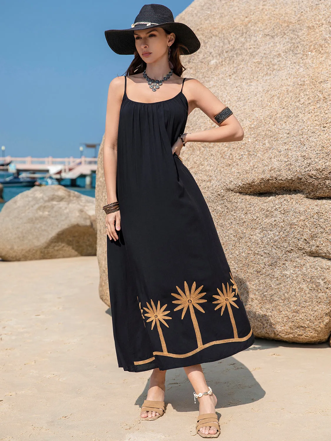 Embroidered Scoop Neck Midi Dress in Black