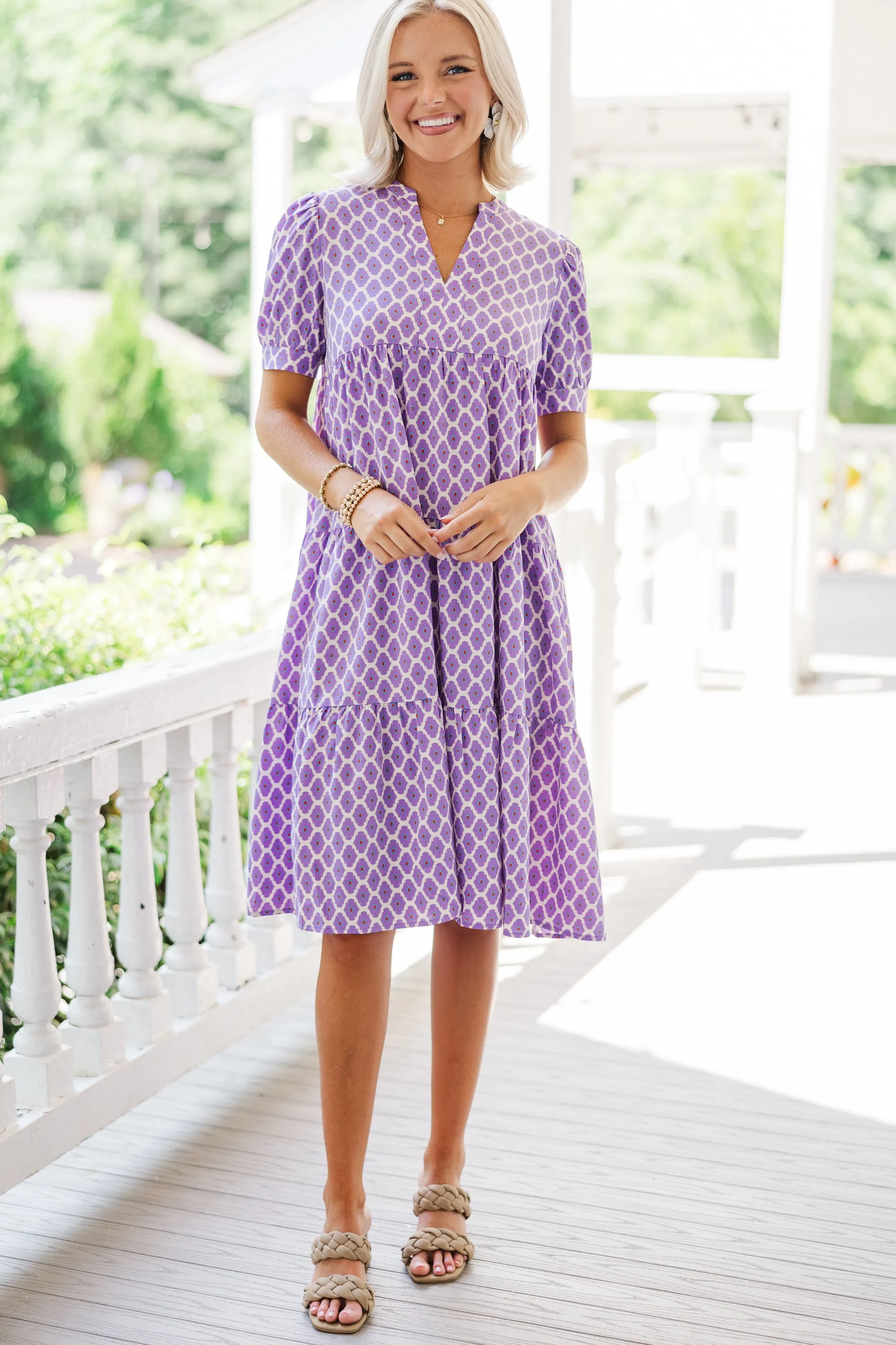 Fast Learner Purple Lattice Print Midi Dress