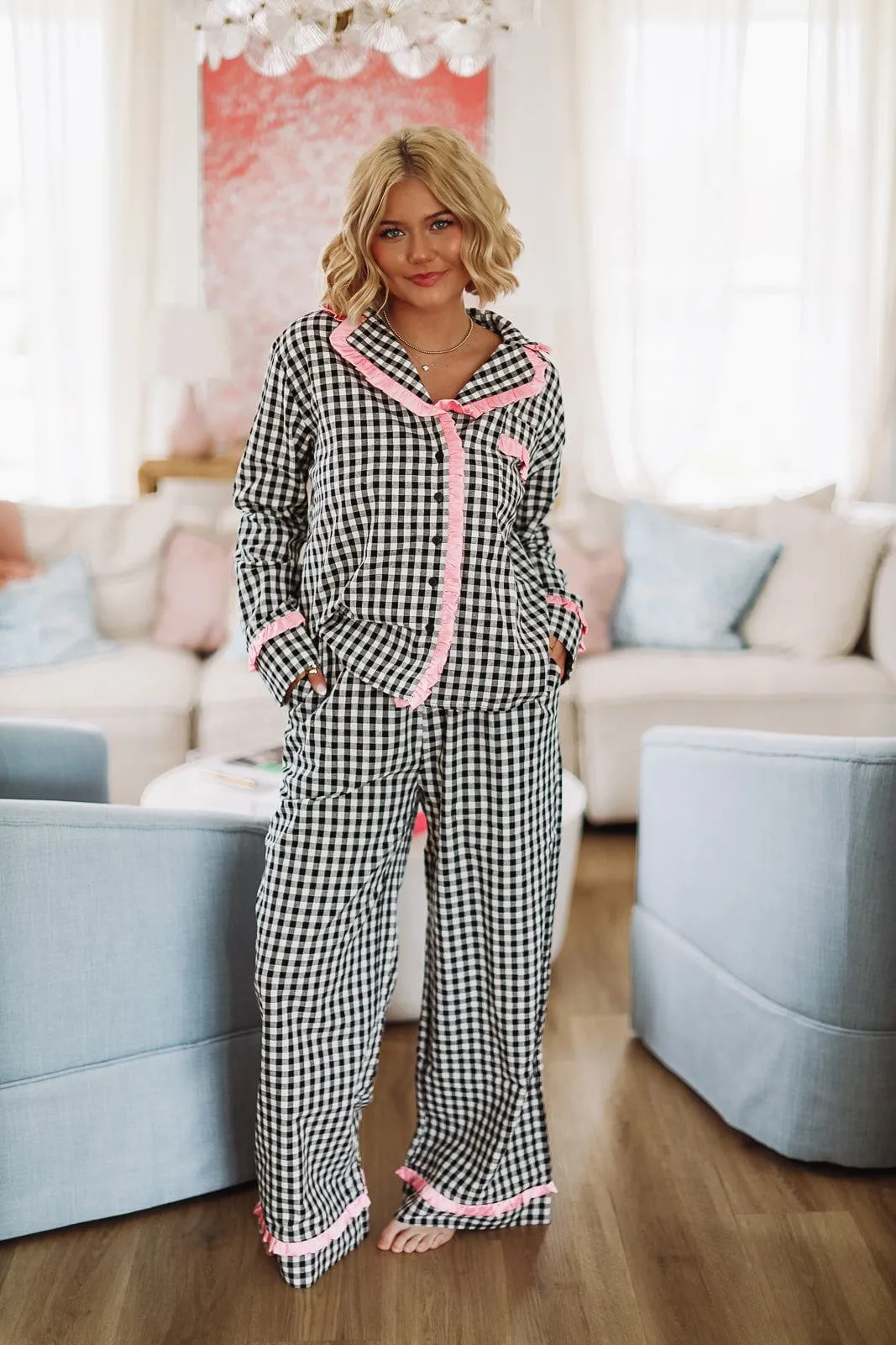 Gingham Ruffle Pajama Pant and Top Set - Black White and Pink