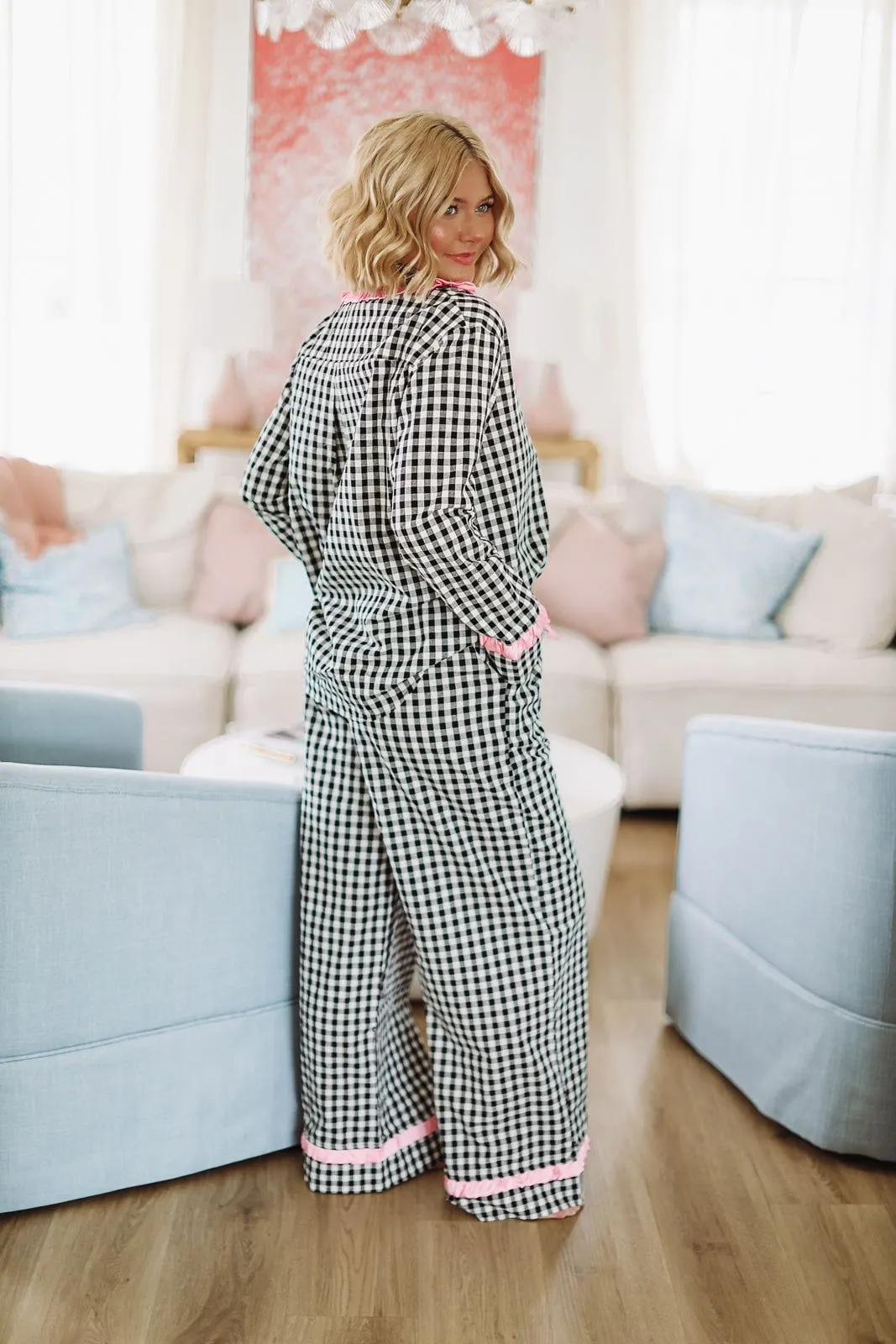 Gingham Ruffle Pajama Pant and Top Set - Black White and Pink